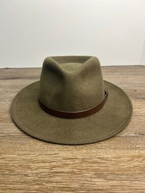 Discovery Channel Wool Felt Fedora Olive Green Wide Brim Leather Band USA Made